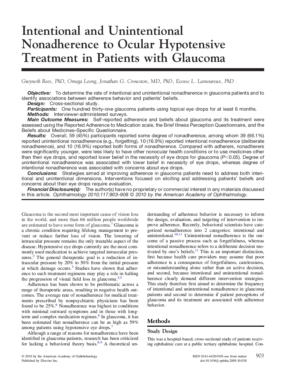 عکس صفحه اول مقاله: Intentional and Unintentional Nonadherence to Ocular Hypotensive Treatment in Patients with Glaucoma Intentional and Unintentional Nonadherence to Ocular Hypotensive Treatment in Patients with Glaucoma