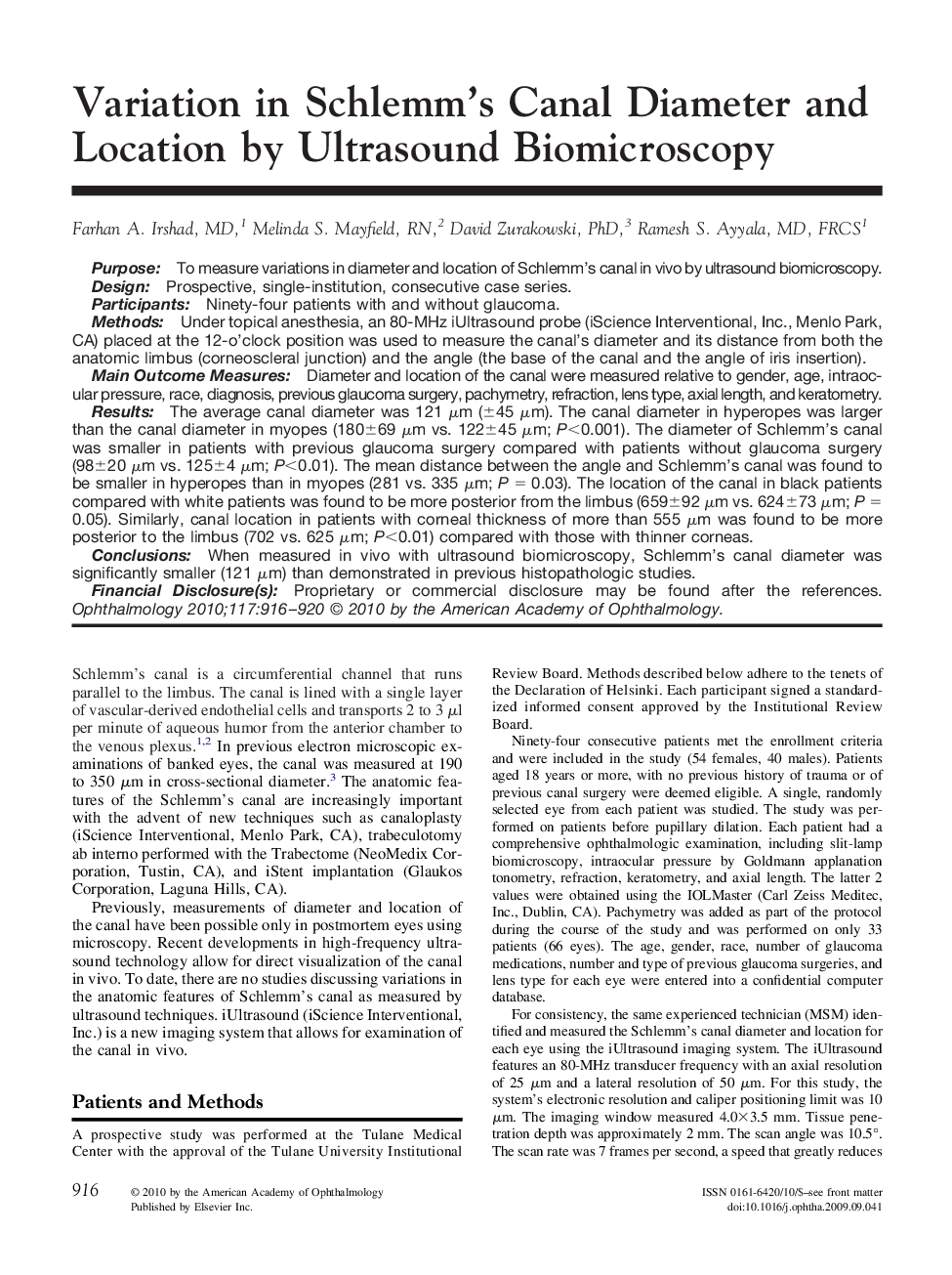 عکس صفحه اول مقاله: Variation in Schlemm's Canal Diameter and Location by Ultrasound Biomicroscopy Variation in Schlemm's Canal Diameter and Location by Ultrasound Biomicroscopy
