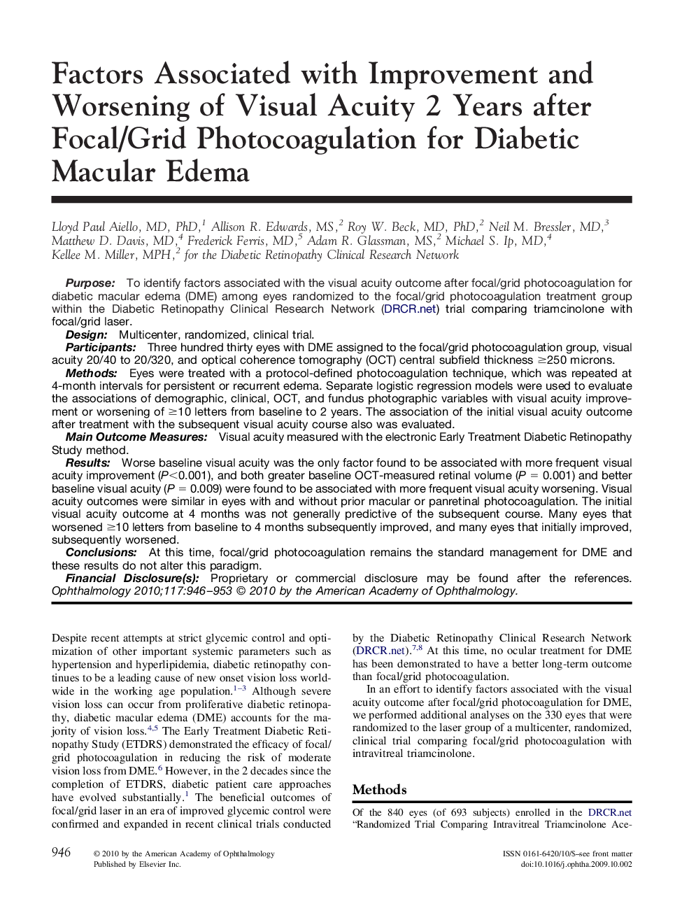 Factors Associated with Improvement and Worsening of Visual Acuity 2 Years after Focal/Grid Photocoagulation for Diabetic Macular Edema