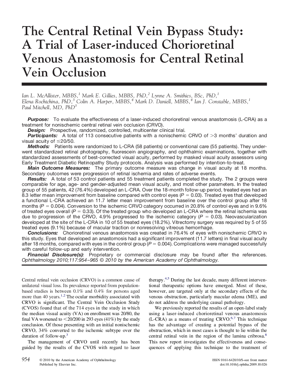 The Central Retinal Vein Bypass Study: A Trial of Laser-induced Chorioretinal Venous Anastomosis for Central Retinal Vein Occlusion