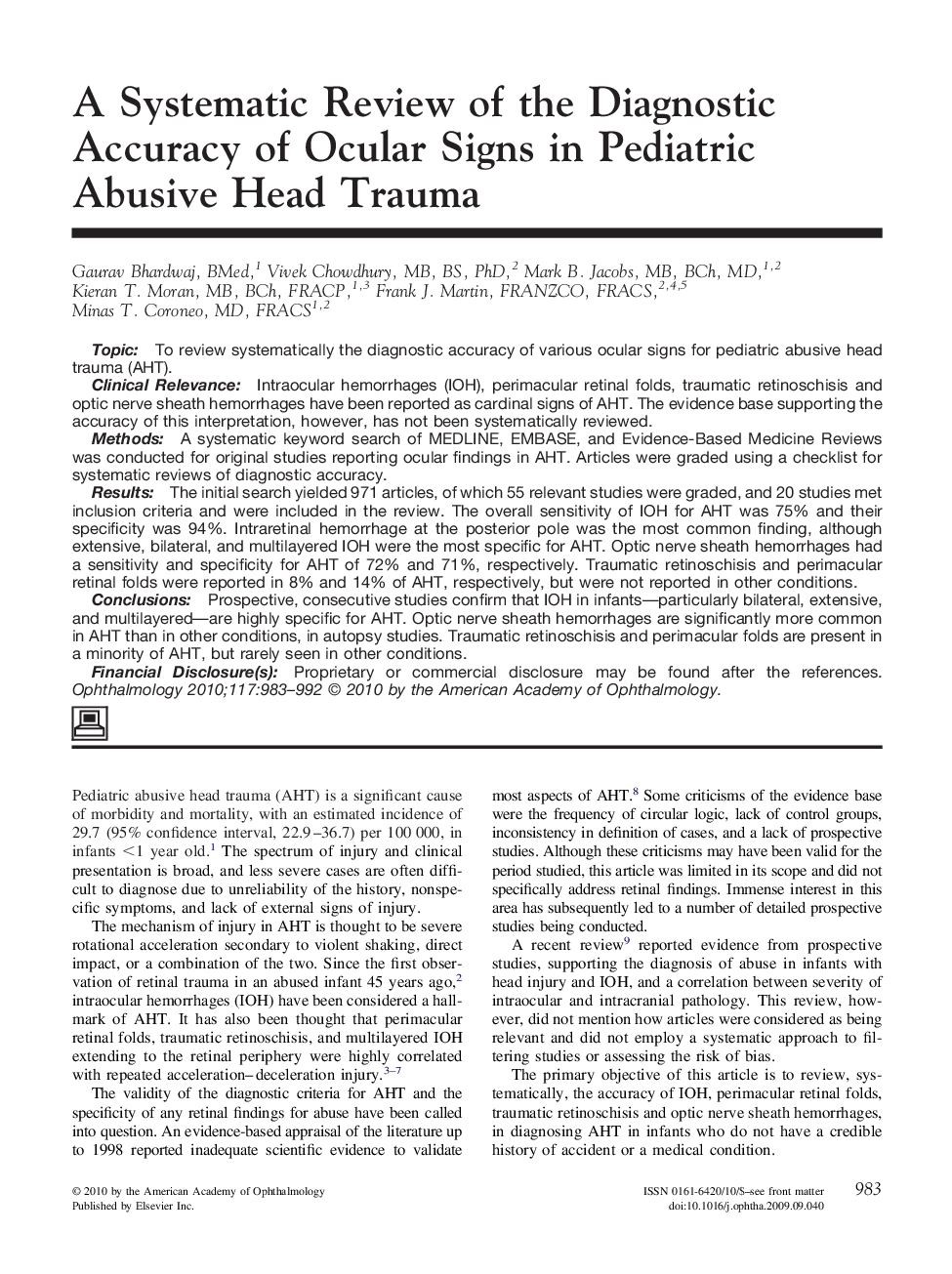 A Systematic Review of the Diagnostic Accuracy of Ocular Signs in Pediatric Abusive Head Trauma