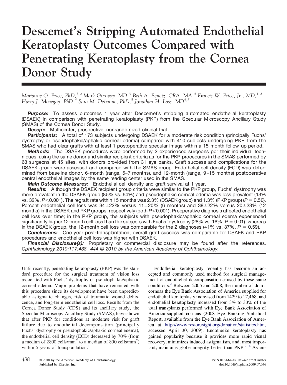 Descemet's Stripping Automated Endothelial Keratoplasty Outcomes Compared with Penetrating Keratoplasty from the Cornea Donor Study