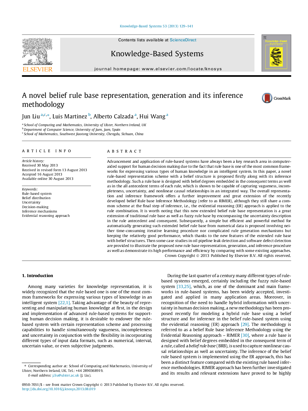 A novel belief rule base representation, generation and its inference methodology