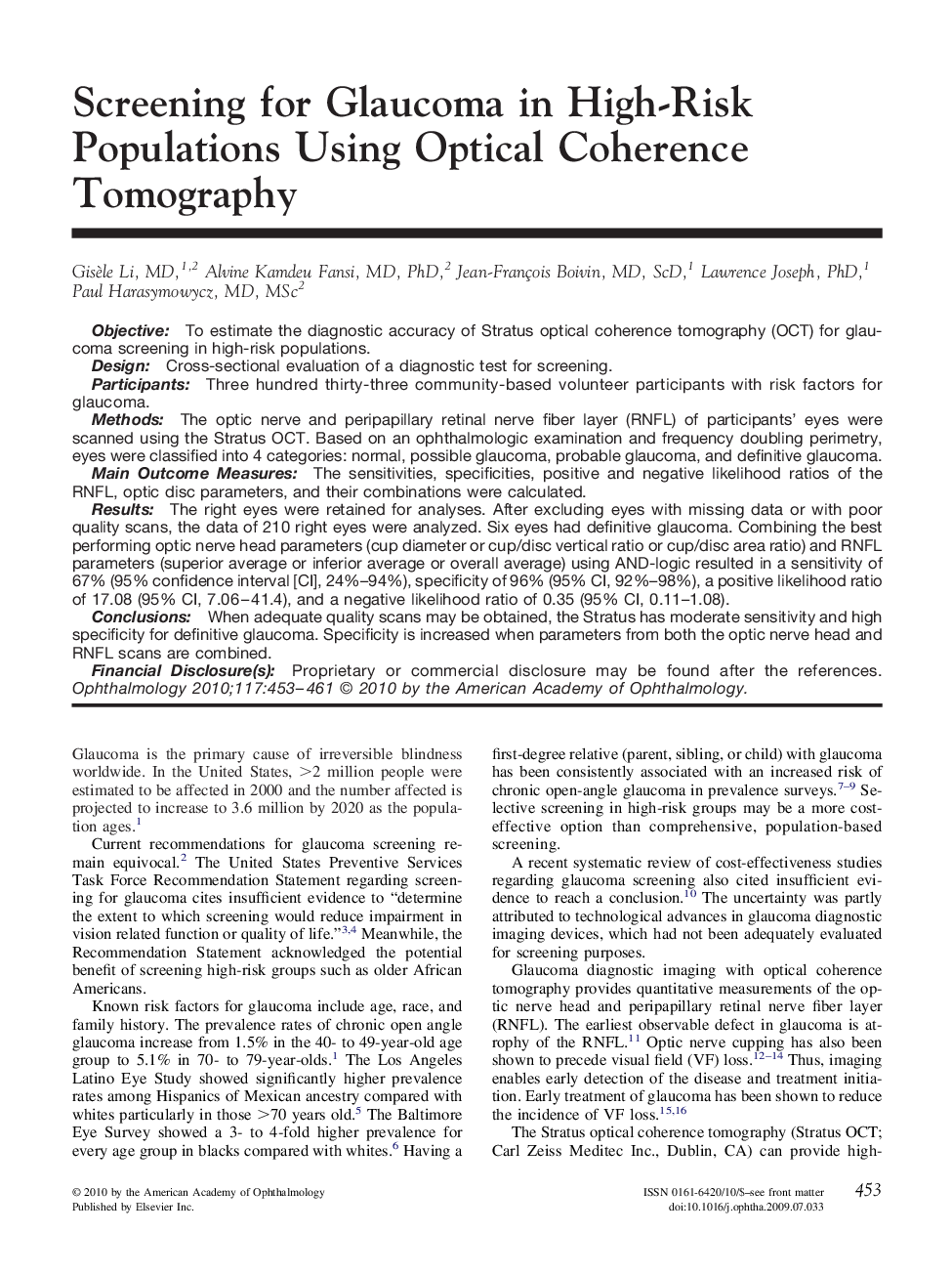Screening for Glaucoma in High-Risk Populations Using Optical Coherence Tomography 