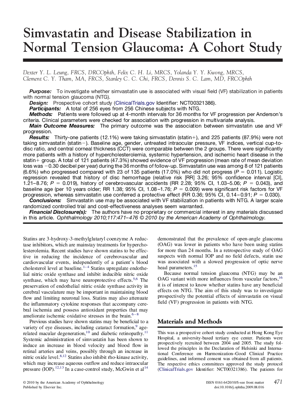 Simvastatin and Disease Stabilization in Normal Tension Glaucoma: A Cohort Study