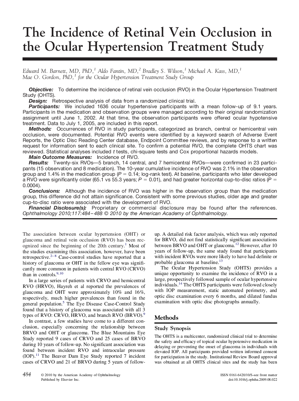 عکس صفحه اول مقاله: The Incidence of Retinal Vein Occlusion in the Ocular Hypertension Treatment Study The Incidence of Retinal Vein Occlusion in the Ocular Hypertension Treatment Study