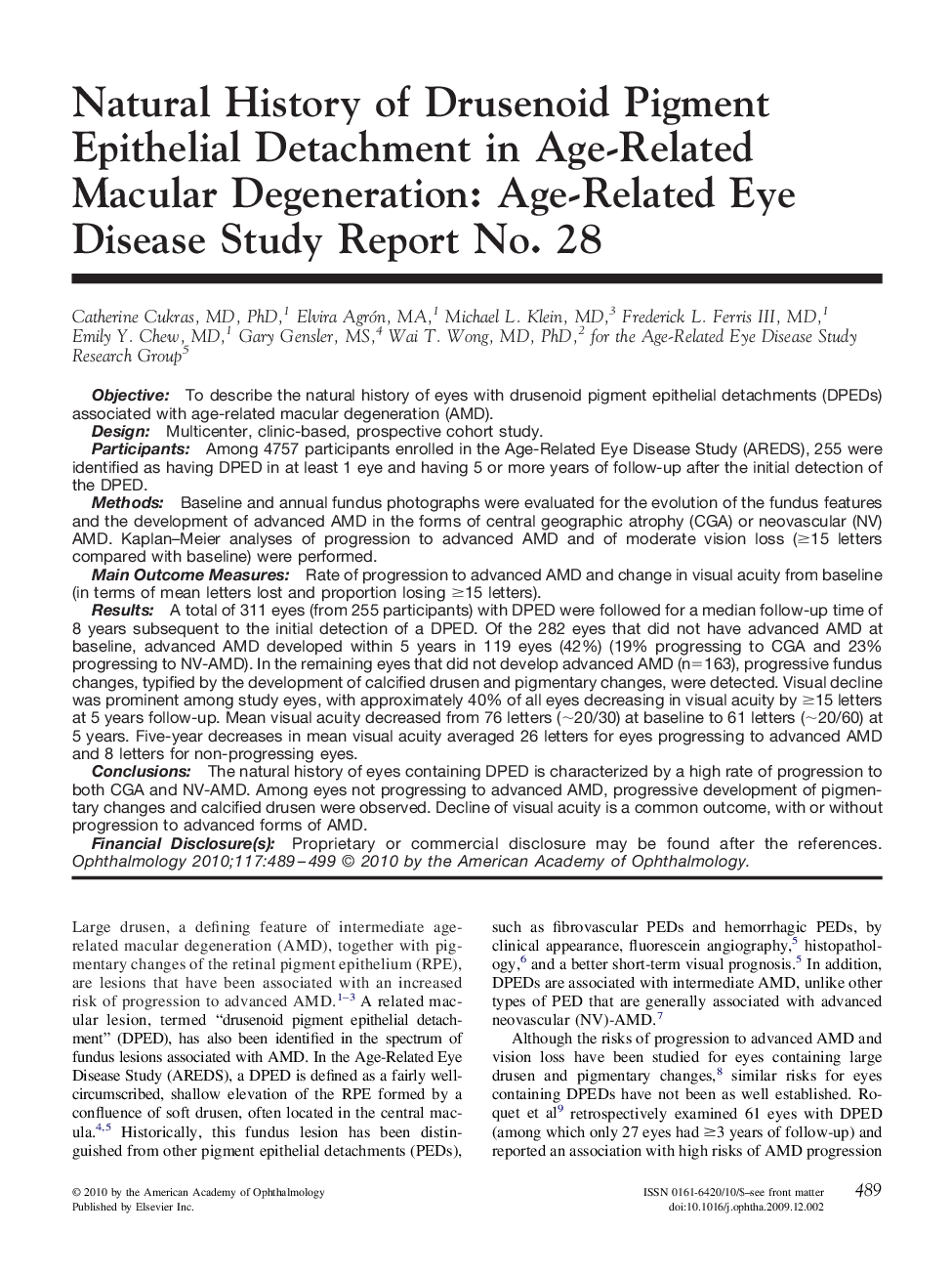 Natural History of Drusenoid Pigment Epithelial Detachment in Age-Related Macular Degeneration: Age-Related Eye Disease Study Report No. 28 