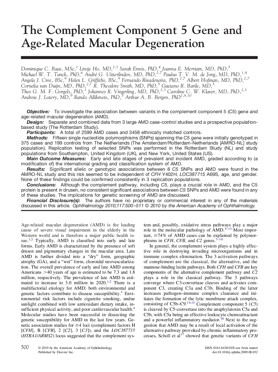 The Complement Component 5 Gene and Age-Related Macular Degeneration 