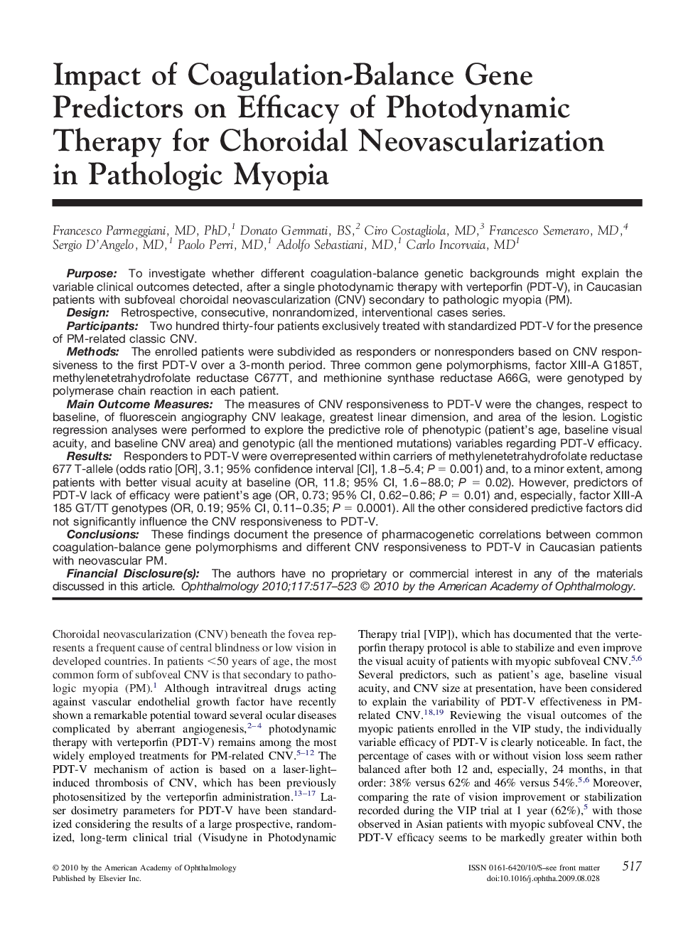 Impact of Coagulation-Balance Gene Predictors on Efficacy of Photodynamic Therapy for Choroidal Neovascularization in Pathologic Myopia