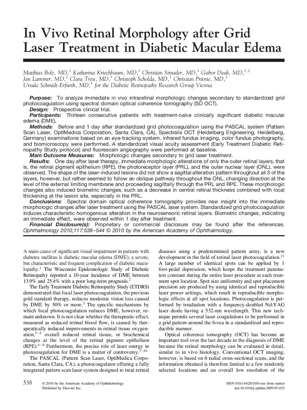 In Vivo Retinal Morphology after Grid Laser Treatment in Diabetic Macular Edema