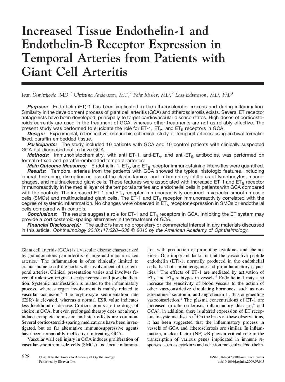 Increased Tissue Endothelin-1 and Endothelin-B Receptor Expression in Temporal Arteries from Patients with Giant Cell Arteritis
