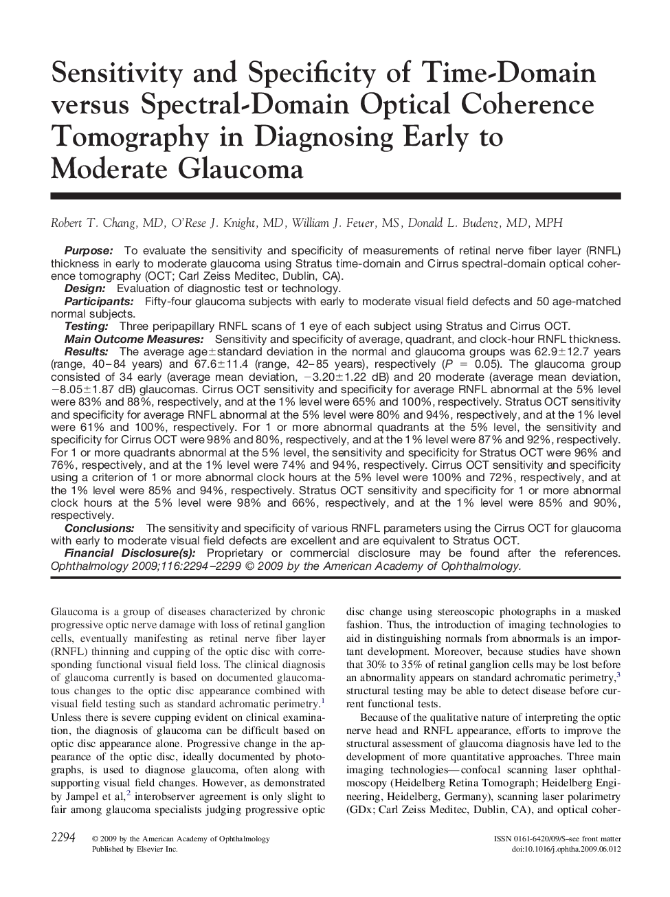 Sensitivity and Specificity of Time-Domain versus Spectral-Domain Optical Coherence Tomography in Diagnosing Early to Moderate Glaucoma 