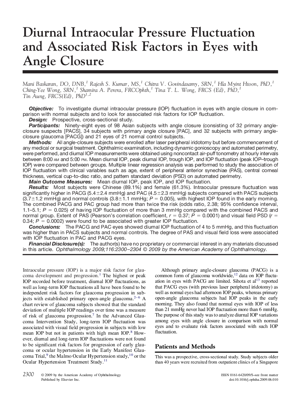 Diurnal Intraocular Pressure Fluctuation and Associated Risk Factors in Eyes with Angle Closure