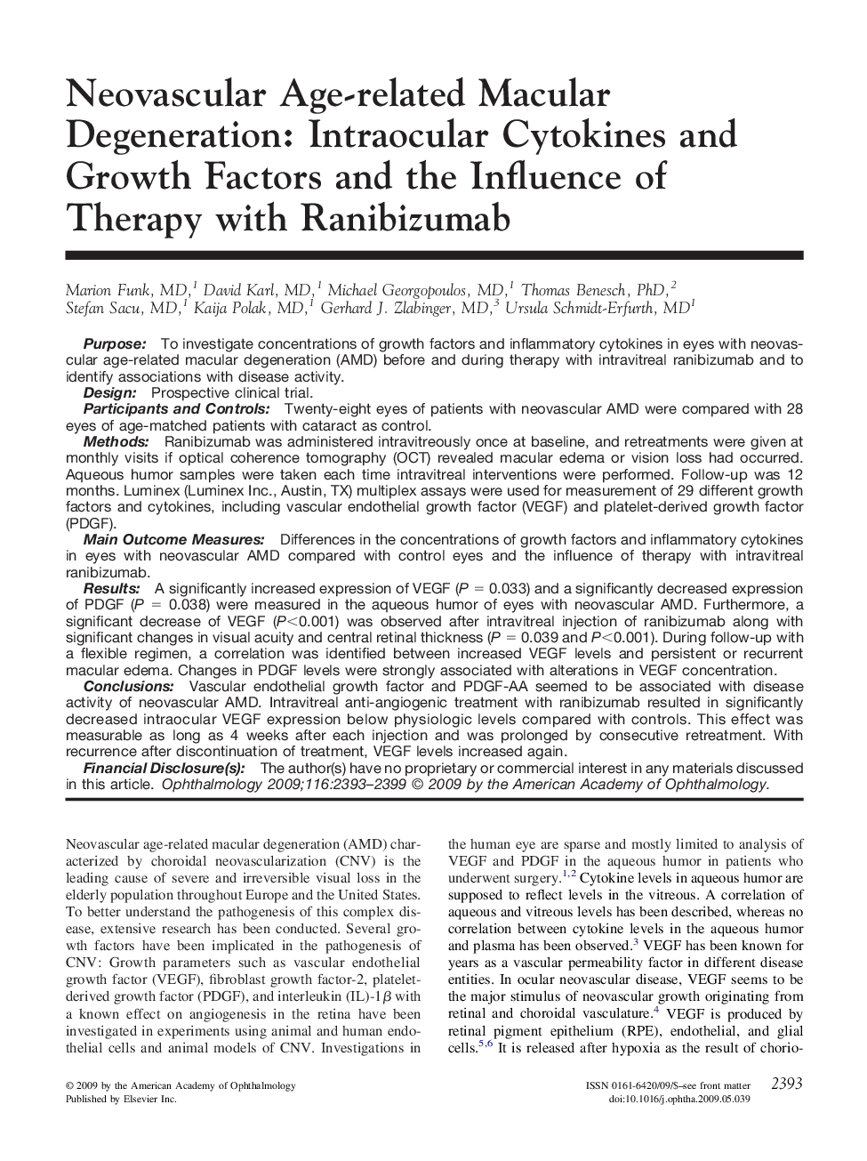 عکس صفحه اول مقاله: Neovascular Age-related Macular Degeneration: Intraocular Cytokines and Growth Factors and the Influence of Therapy with Ranibizumab Neovascular Age-related Macular Degeneration: Intraocular Cytokines and Growth Factors and the Influence of Therapy with Ranibizumab