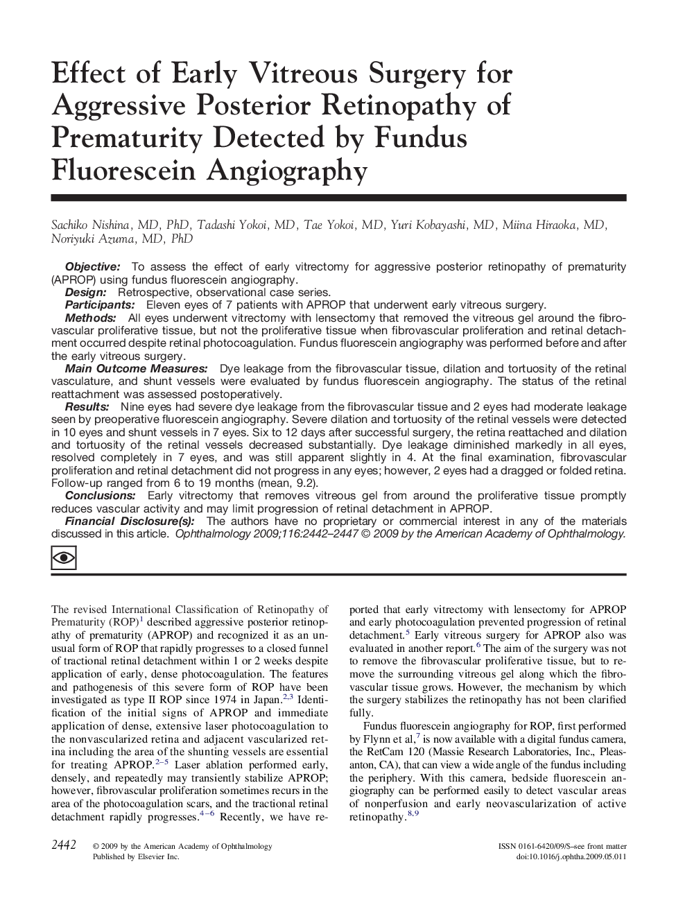Effect of Early Vitreous Surgery for Aggressive Posterior Retinopathy of Prematurity Detected by Fundus Fluorescein Angiography