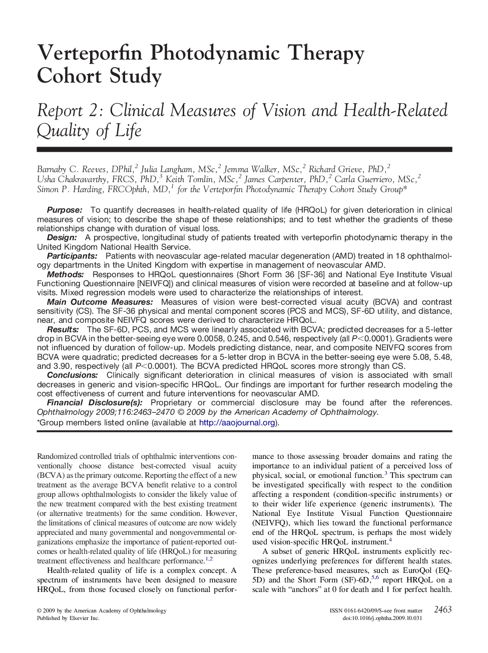 Verteporfin Photodynamic Therapy Cohort Study : Report 2: Clinical Measures of Vision and Health-Related Quality of Life