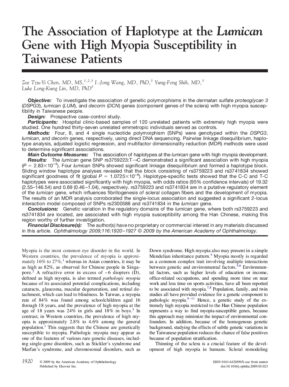 The Association of Haplotype at the Lumican Gene with High Myopia Susceptibility in Taiwanese Patients