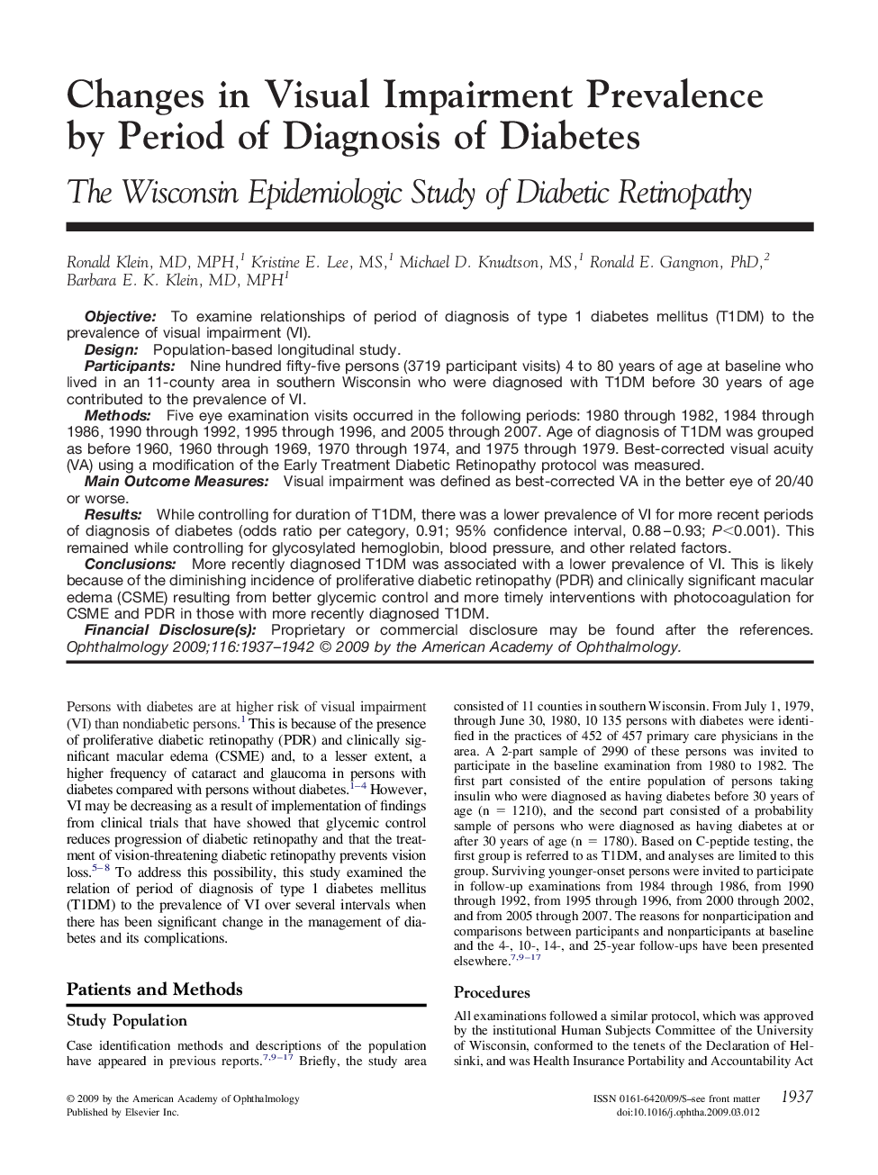 Changes in Visual Impairment Prevalence by Period of Diagnosis of Diabetes