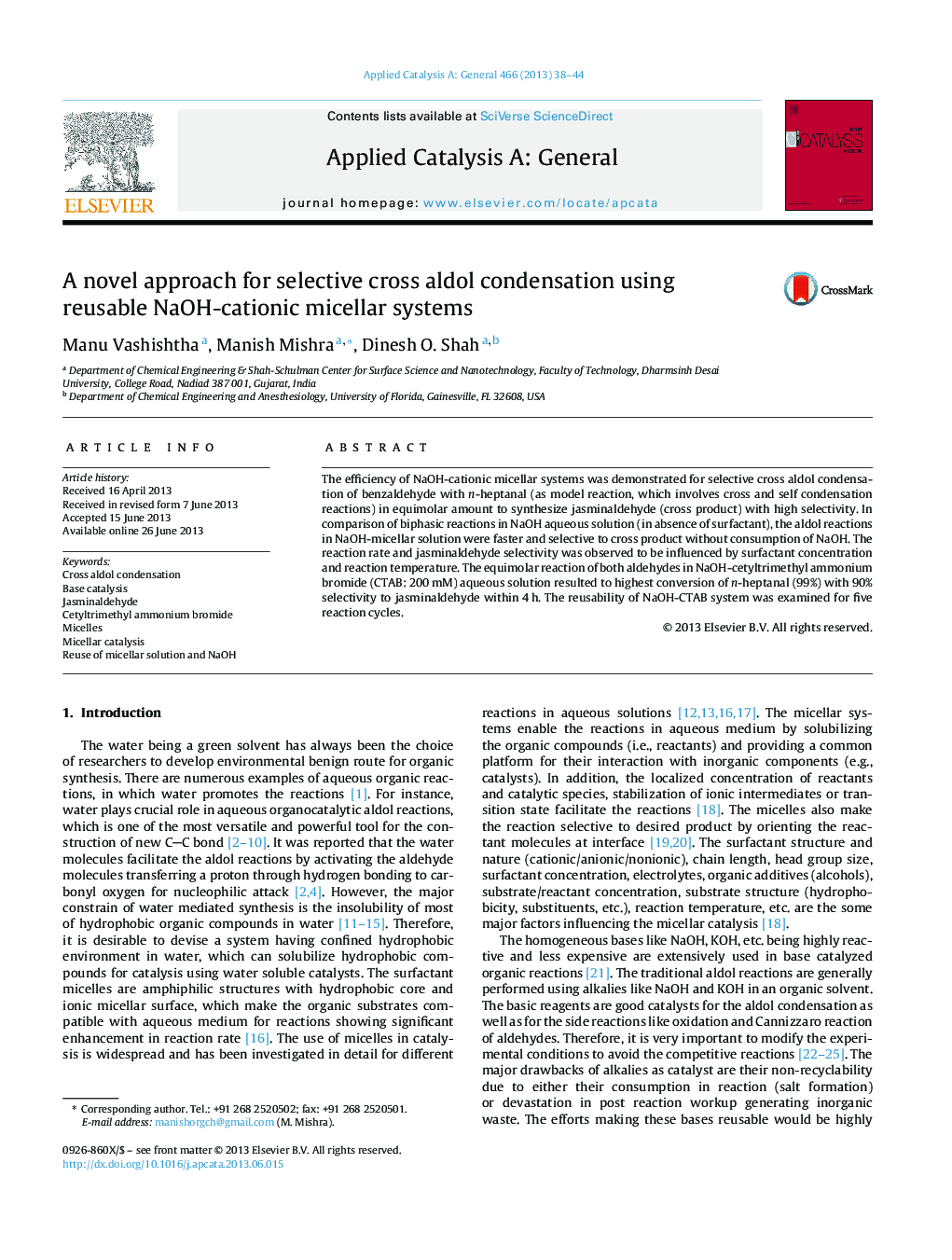 A novel approach for selective cross aldol condensation using reusable NaOH-cationic micellar systems