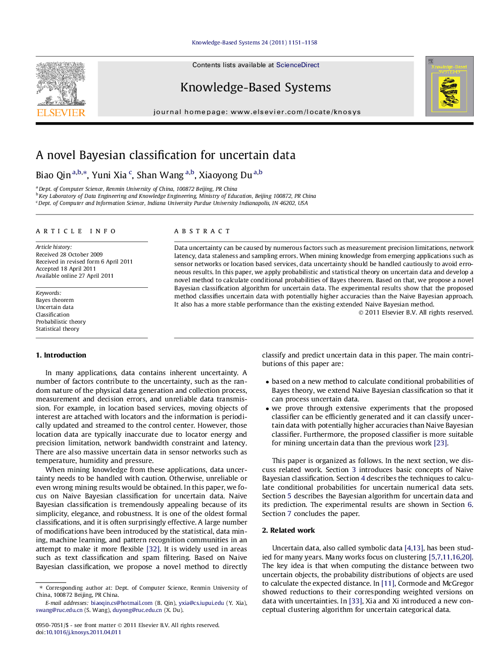 A novel Bayesian classification for uncertain data