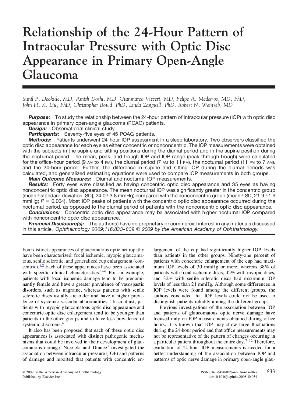 Relationship of the 24-Hour Pattern of Intraocular Pressure with Optic Disc Appearance in Primary Open-Angle Glaucoma 