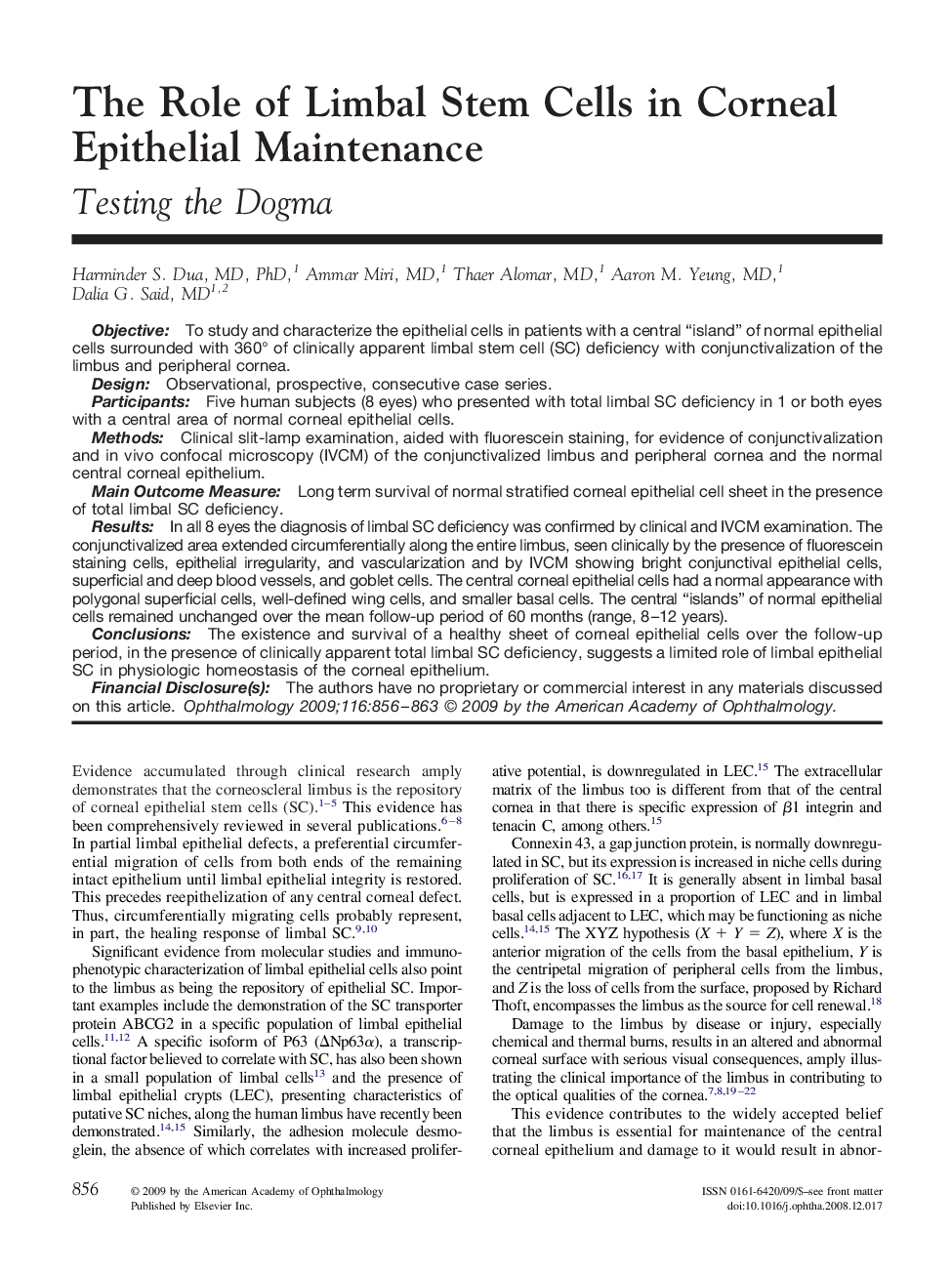 The Role of Limbal Stem Cells in Corneal Epithelial Maintenance