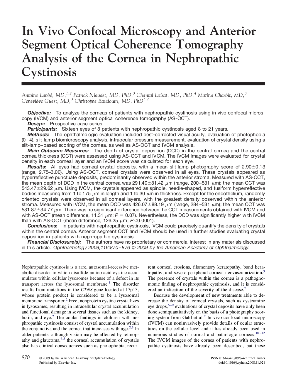 In Vivo Confocal Microscopy and Anterior Segment Optical Coherence Tomography Analysis of the Cornea in Nephropathic Cystinosis
