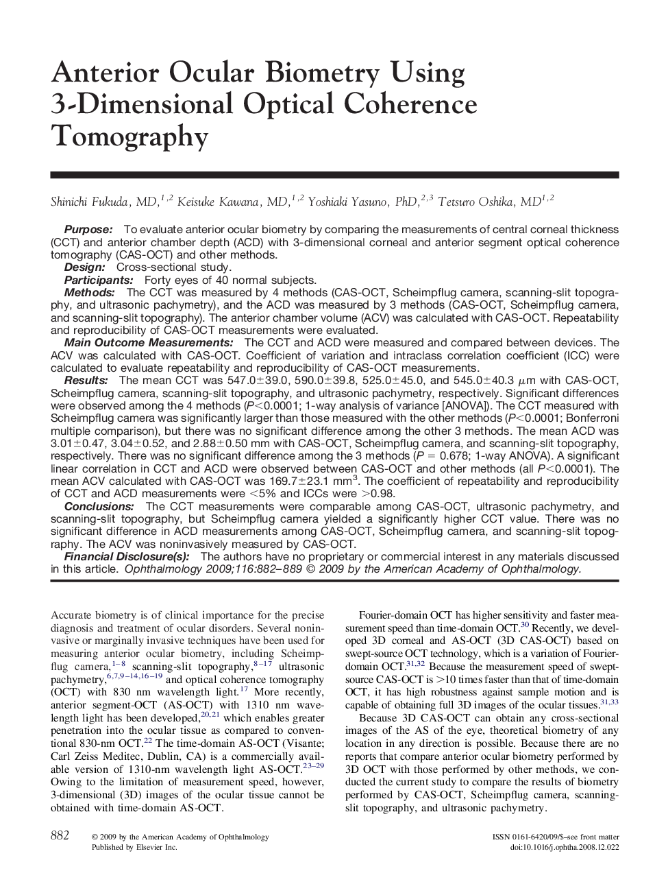 Anterior Ocular Biometry Using 3-Dimensional Optical Coherence Tomography