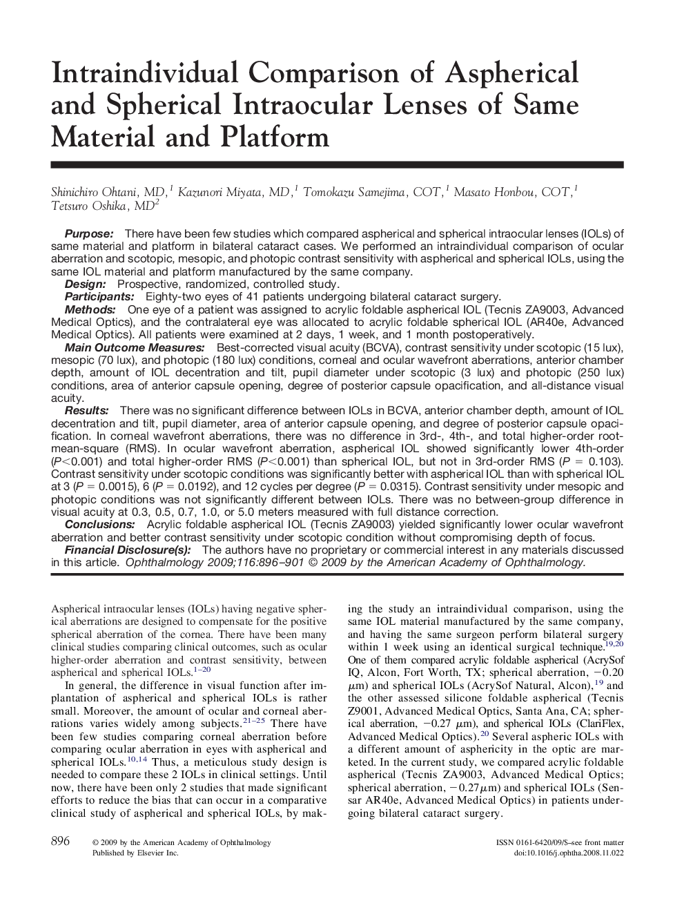 Intraindividual Comparison of Aspherical and Spherical Intraocular Lenses of Same Material and Platform