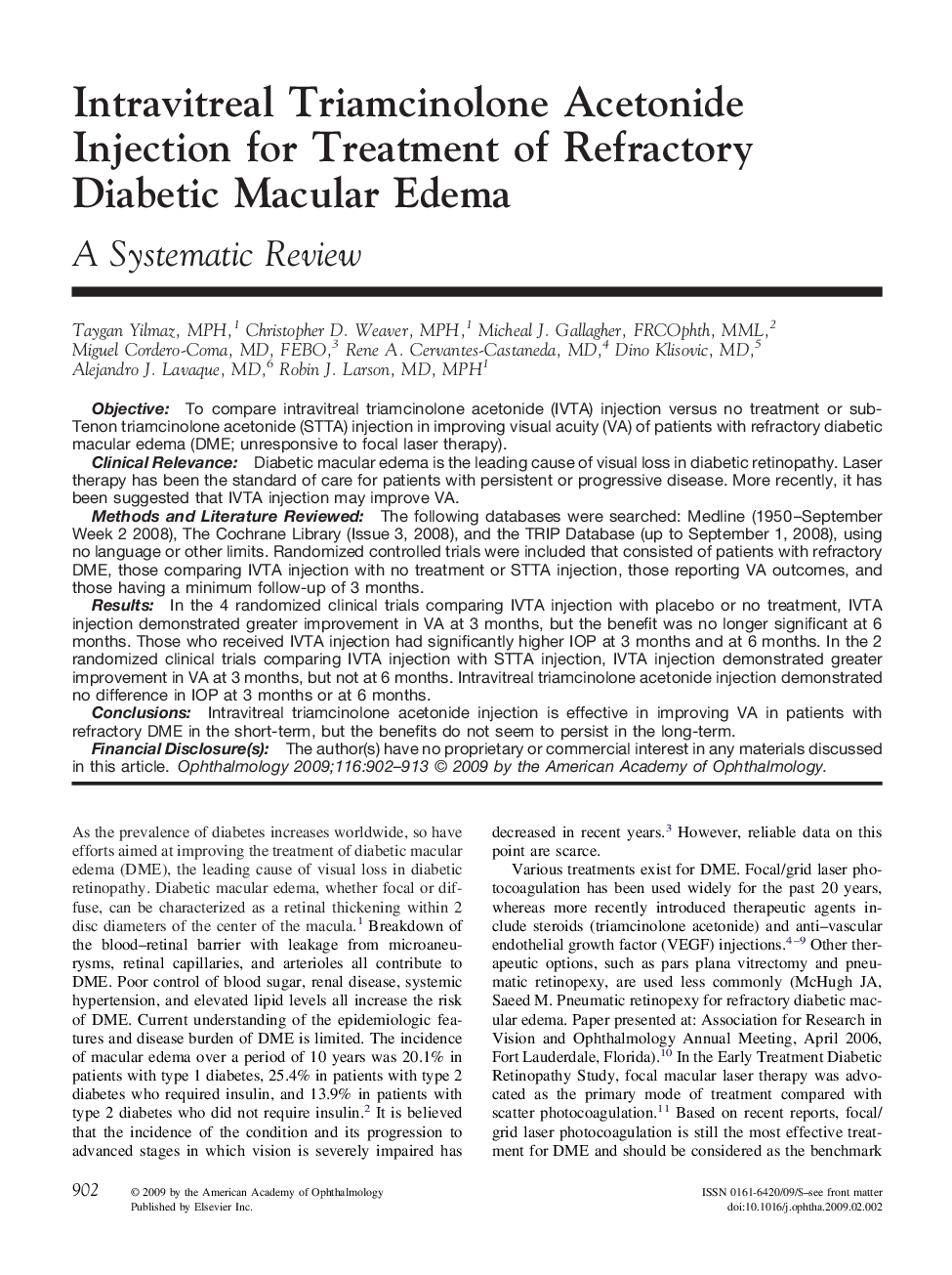 Intravitreal Triamcinolone Acetonide Injection for Treatment of Refractory Diabetic Macular Edema
