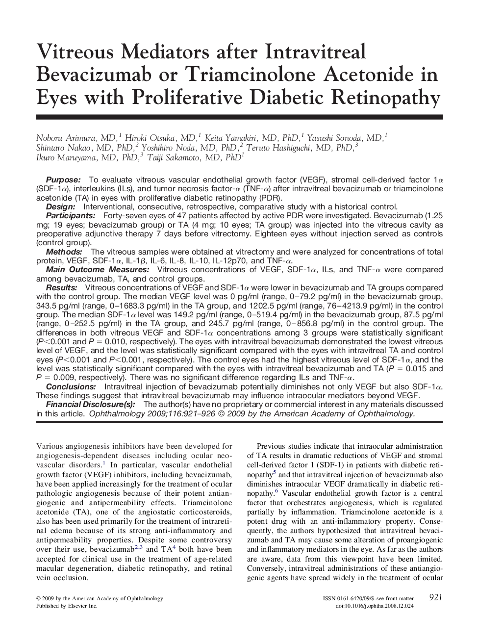 Vitreous Mediators after Intravitreal Bevacizumab or Triamcinolone Acetonide in Eyes with Proliferative Diabetic Retinopathy