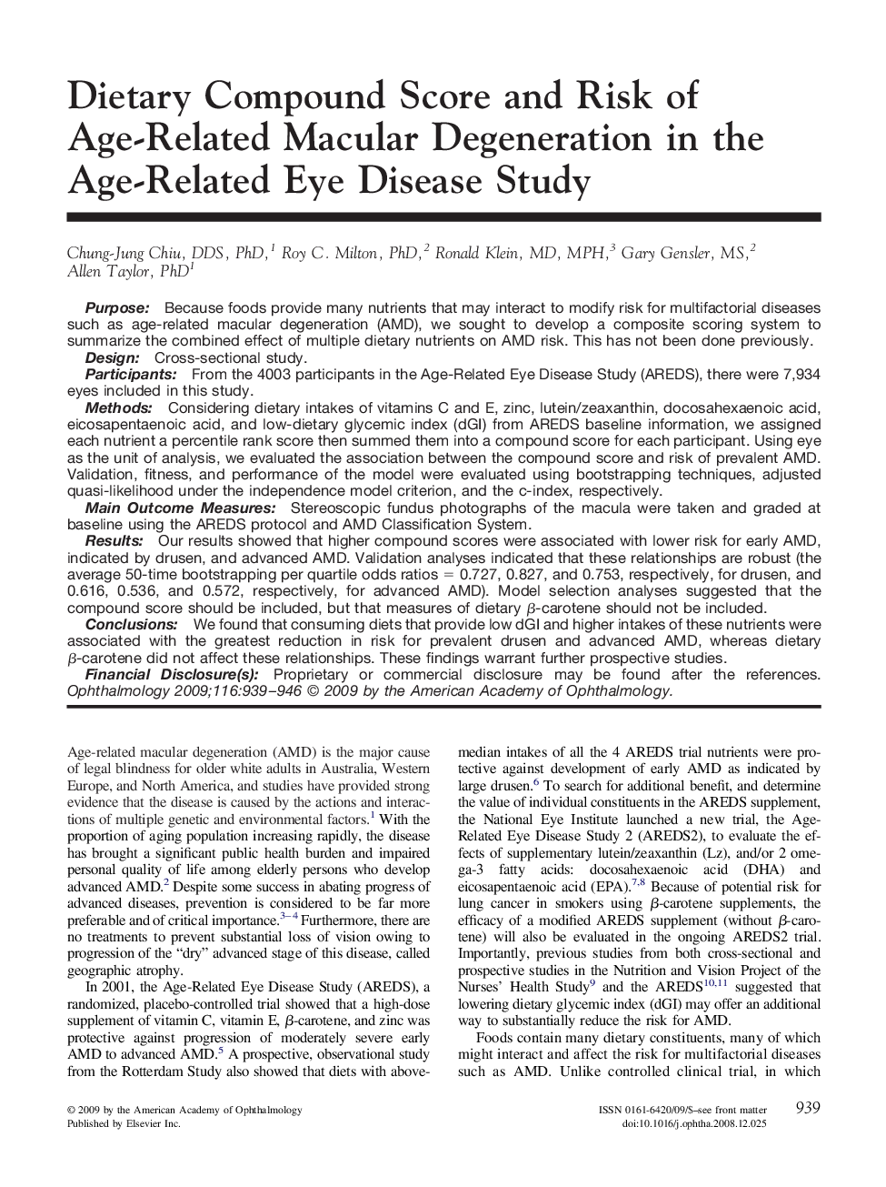 Dietary Compound Score and Risk of Age-Related Macular Degeneration in the Age-Related Eye Disease Study 
