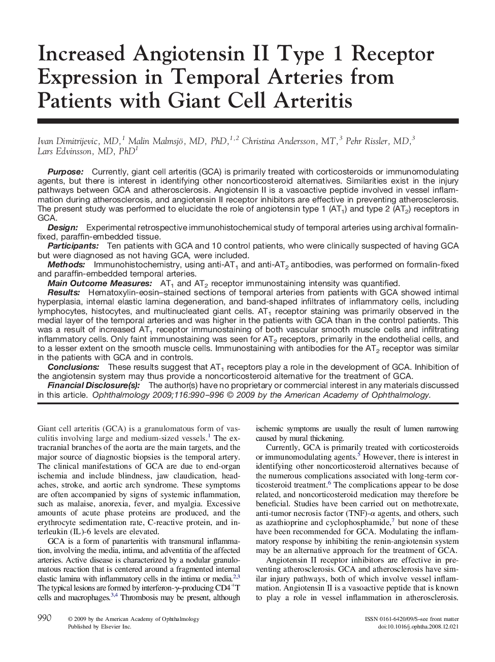 Increased Angiotensin II Type 1 Receptor Expression in Temporal Arteries from Patients with Giant Cell Arteritis