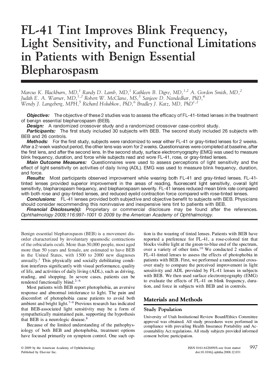 FL-41 Tint Improves Blink Frequency, Light Sensitivity, and Functional Limitations in Patients with Benign Essential Blepharospasm