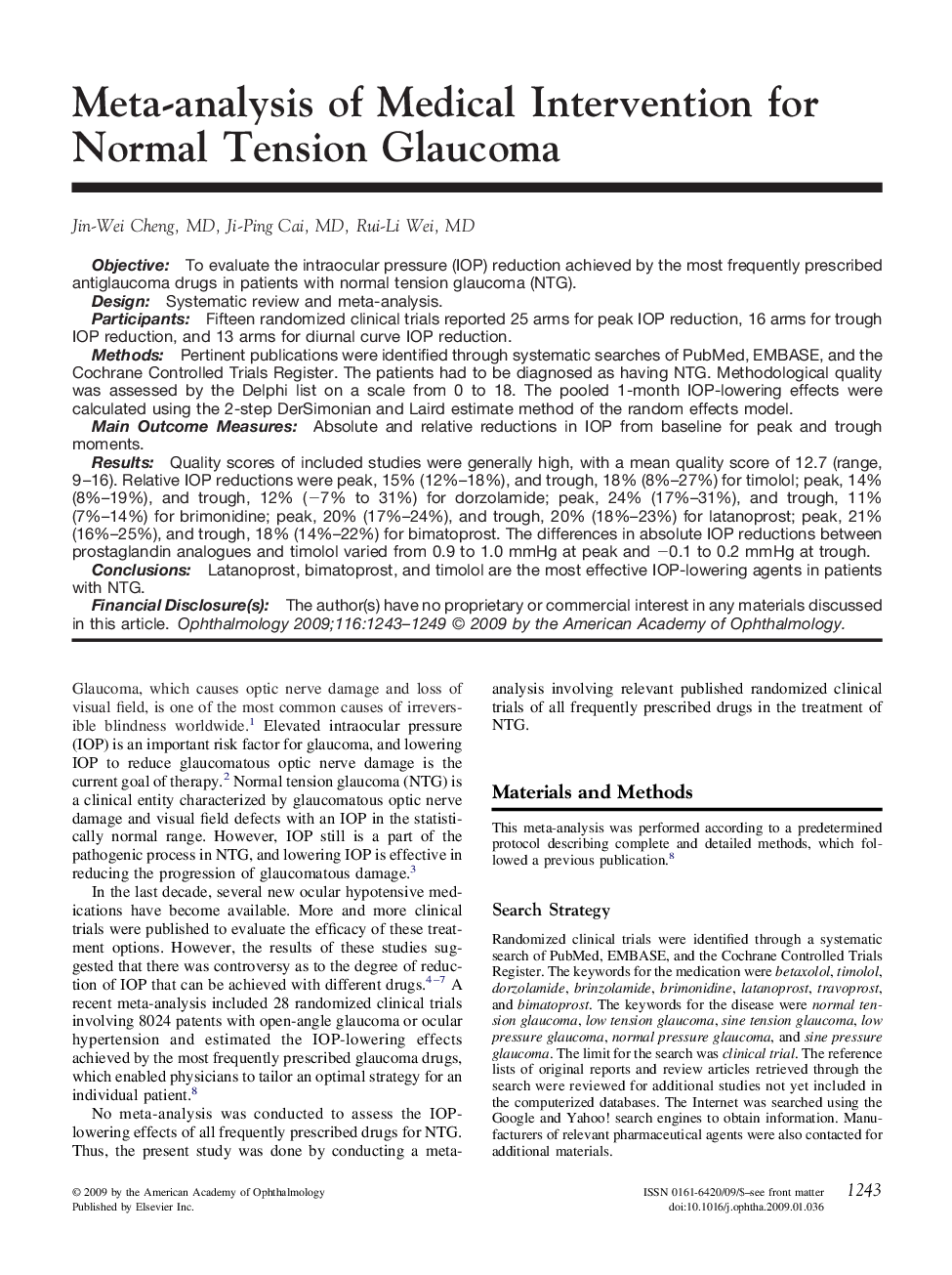 Meta-analysis of Medical Intervention for Normal Tension Glaucoma