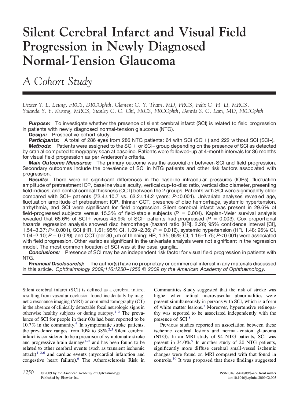 Silent Cerebral Infarct and Visual Field Progression in Newly Diagnosed Normal-Tension Glaucoma