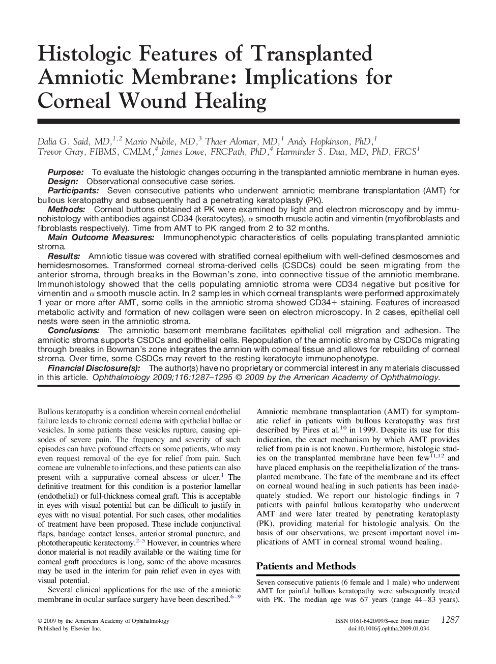 Histologic Features of Transplanted Amniotic Membrane: Implications for Corneal Wound Healing