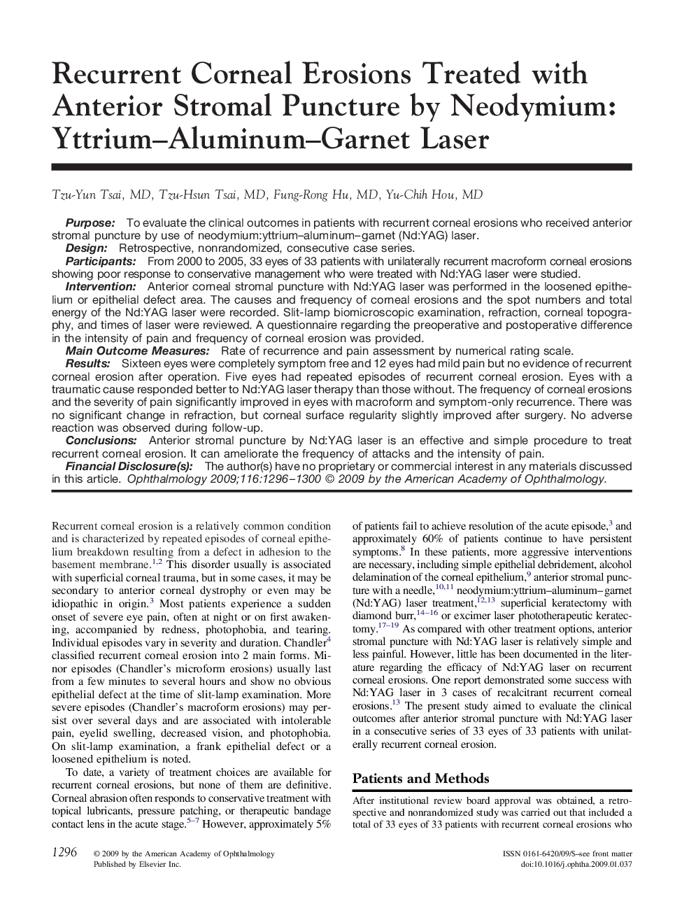Recurrent Corneal Erosions Treated with Anterior Stromal Puncture by Neodymium: Yttrium–Aluminum–Garnet Laser 