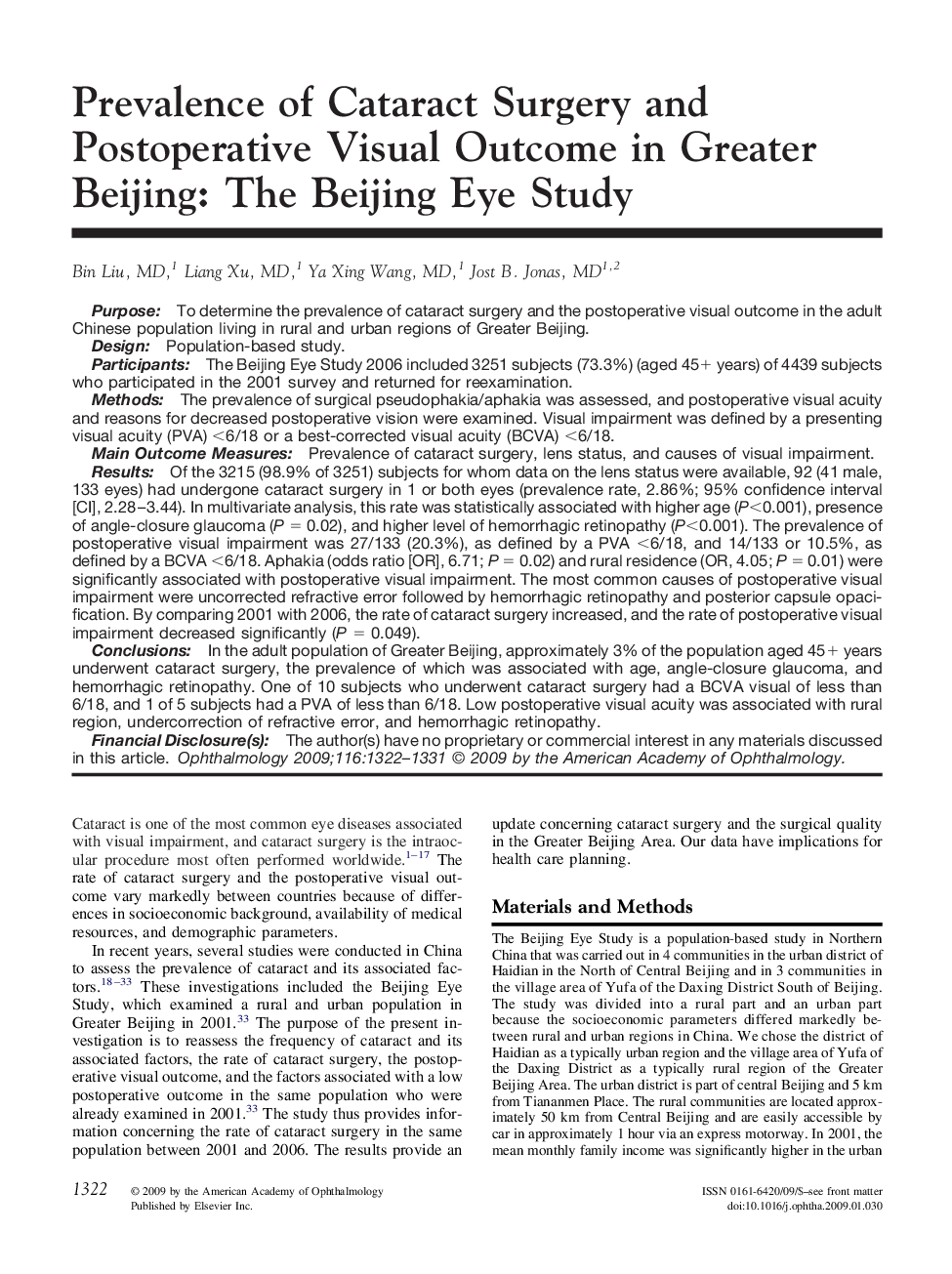 Prevalence of Cataract Surgery and Postoperative Visual Outcome in Greater Beijing: The Beijing Eye Study