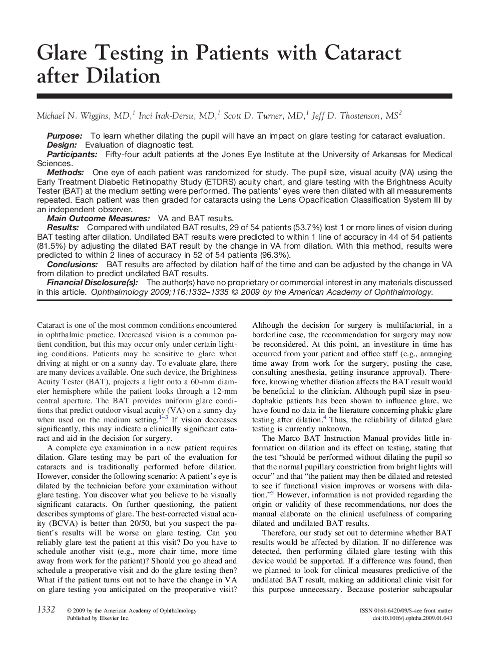 Glare Testing in Patients with Cataract after Dilation