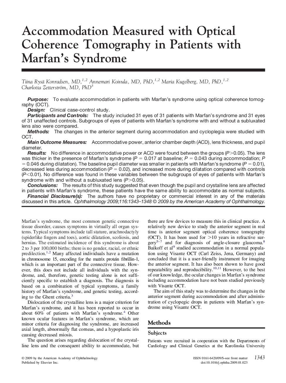 Accommodation Measured with Optical Coherence Tomography in Patients with Marfan's Syndrome