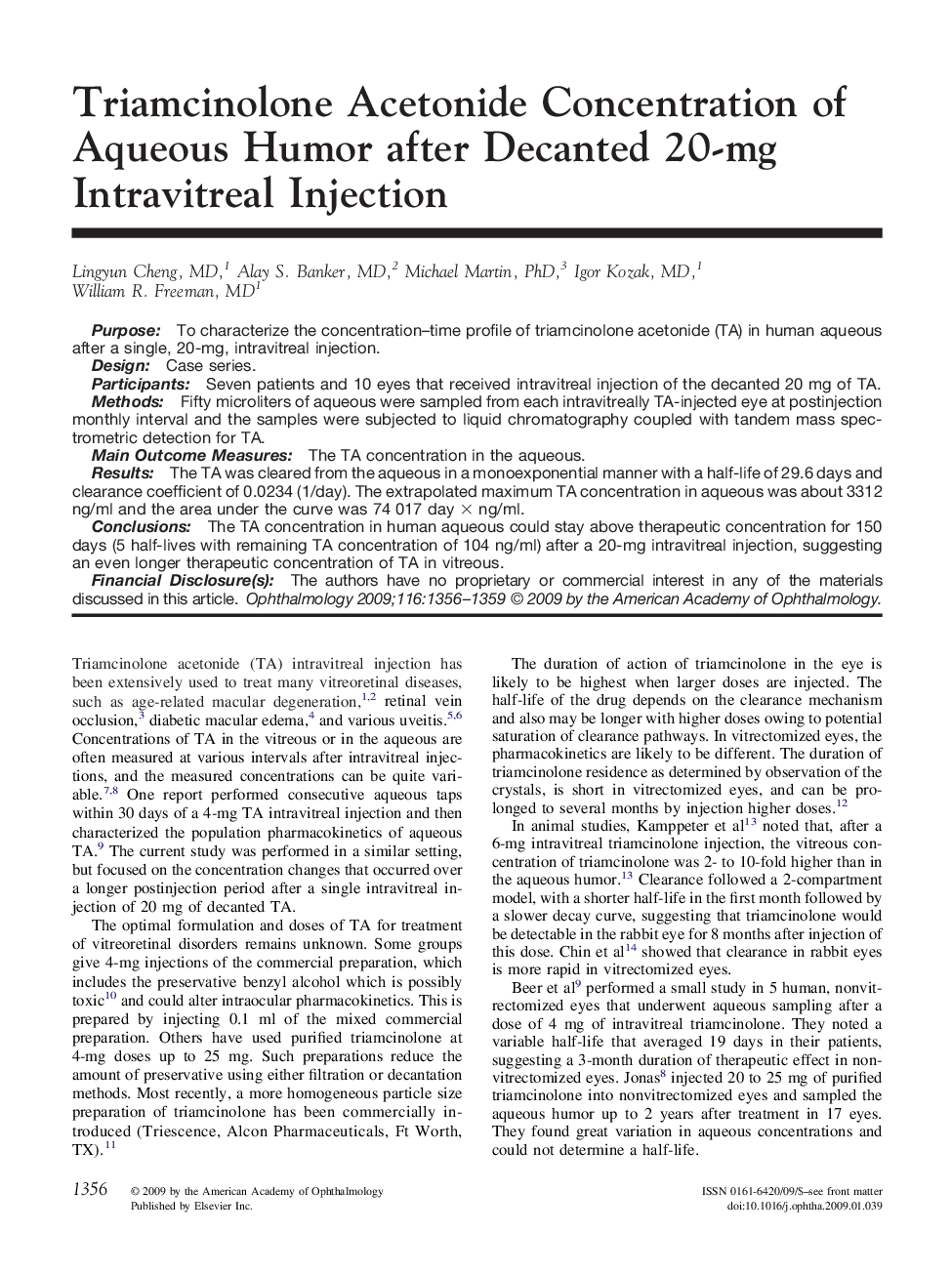 Triamcinolone Acetonide Concentration of Aqueous Humor after Decanted 20-mg Intravitreal Injection