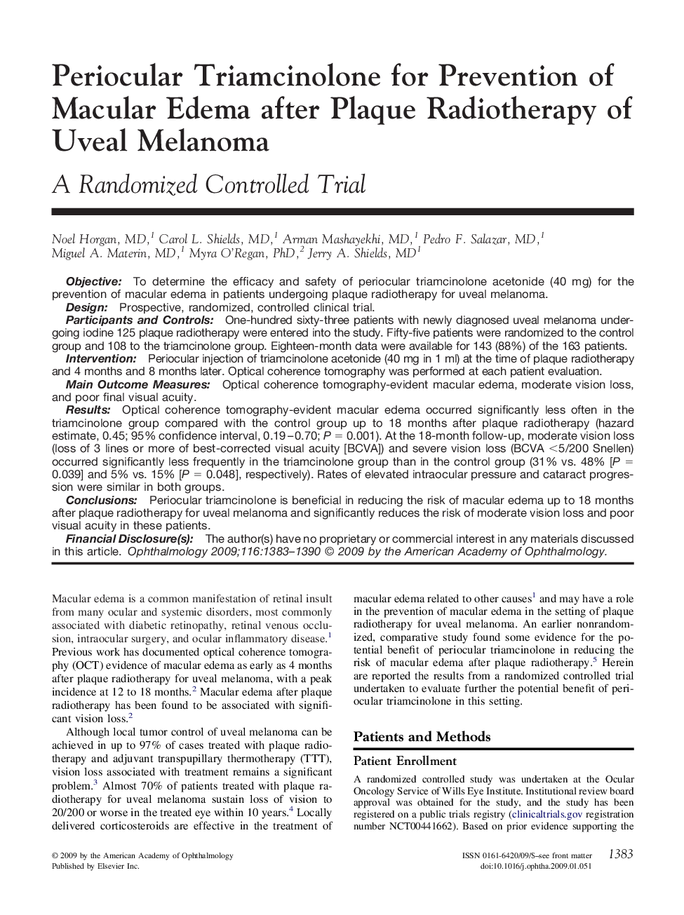 Periocular Triamcinolone for Prevention of Macular Edema after Plaque Radiotherapy of Uveal Melanoma