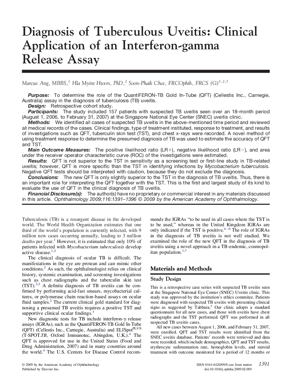 Diagnosis of Tuberculous Uveitis: Clinical Application of an Interferon-gamma Release Assay