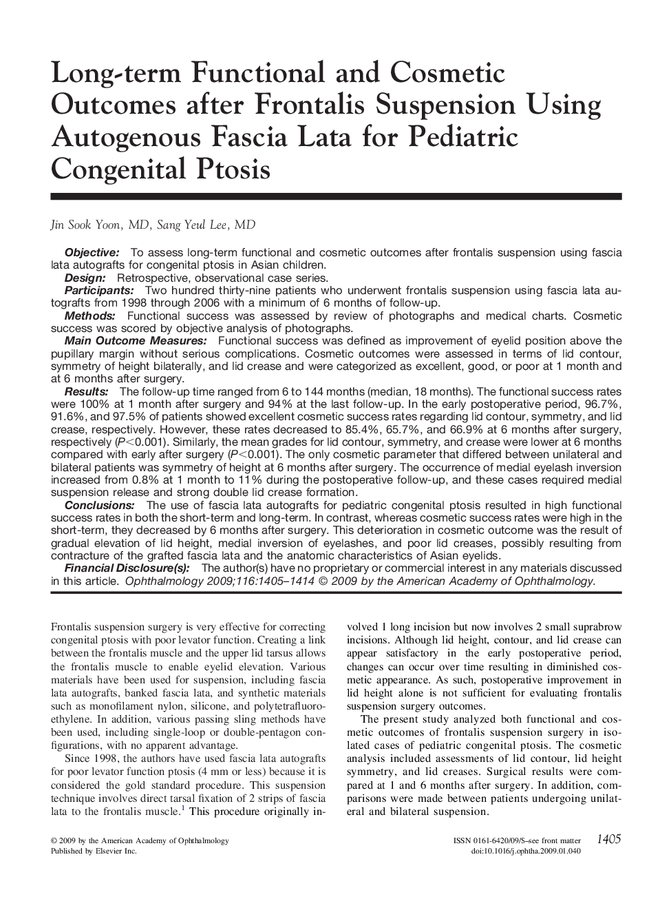 Long-term Functional and Cosmetic Outcomes after Frontalis Suspension Using Autogenous Fascia Lata for Pediatric Congenital Ptosis
