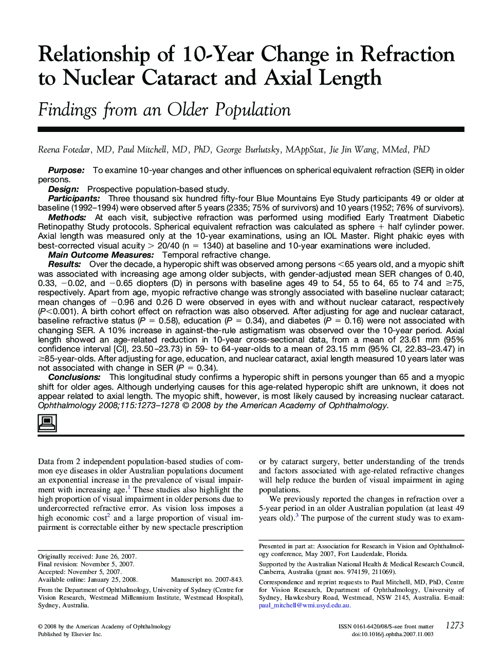 Relationship of 10-Year Change in Refraction to Nuclear Cataract and Axial Length