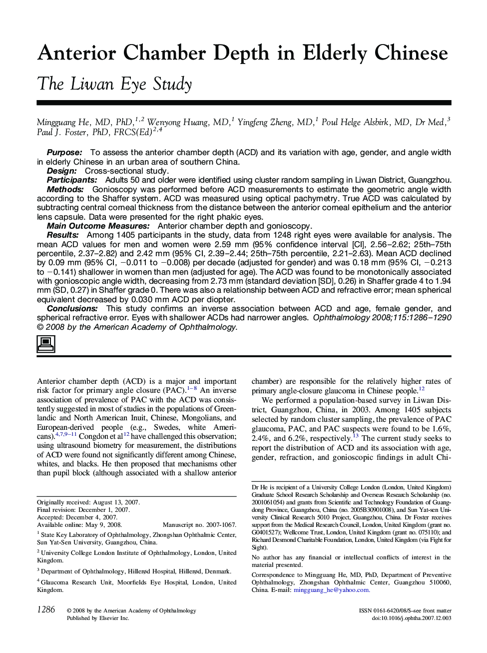 Anterior Chamber Depth in Elderly Chinese