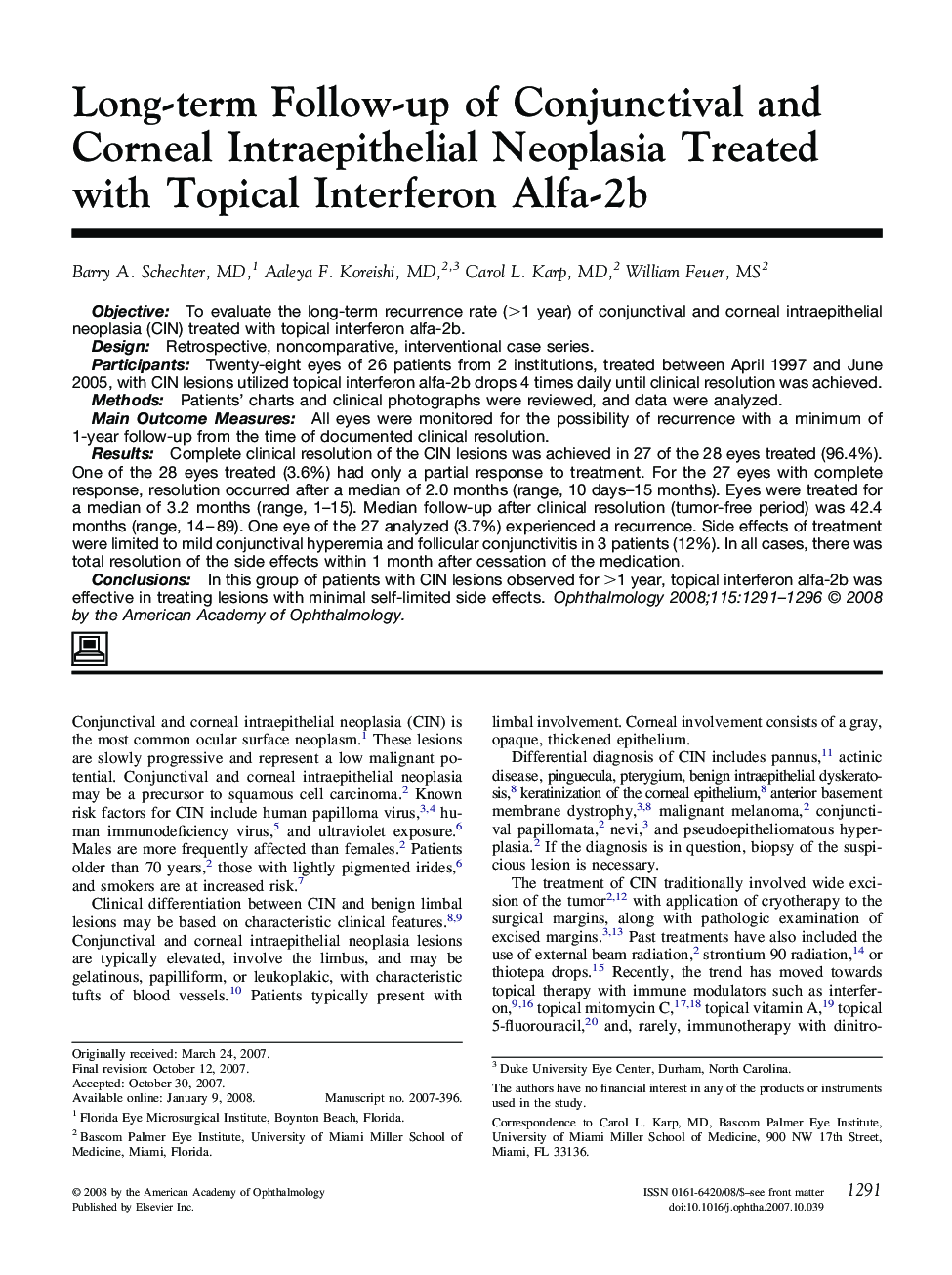Long-term Follow-up of Conjunctival and Corneal Intraepithelial Neoplasia Treated with Topical Interferon Alfa-2b