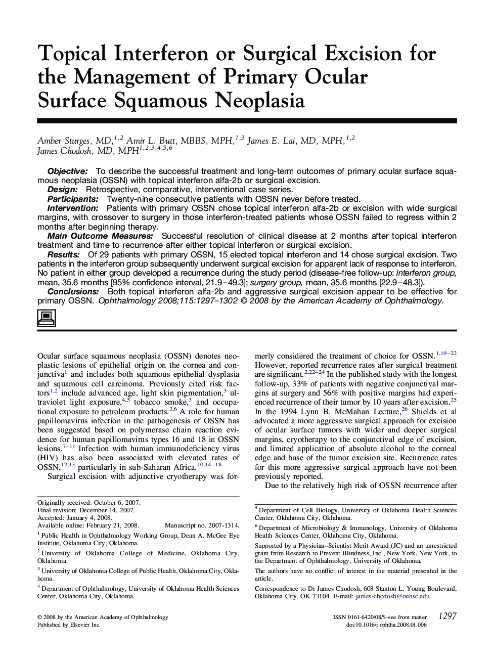 عکس صفحه اول مقاله: Topical Interferon or Surgical Excision for the Management of Primary Ocular Surface Squamous Neoplasia Topical Interferon or Surgical Excision for the Management of Primary Ocular Surface Squamous Neoplasia