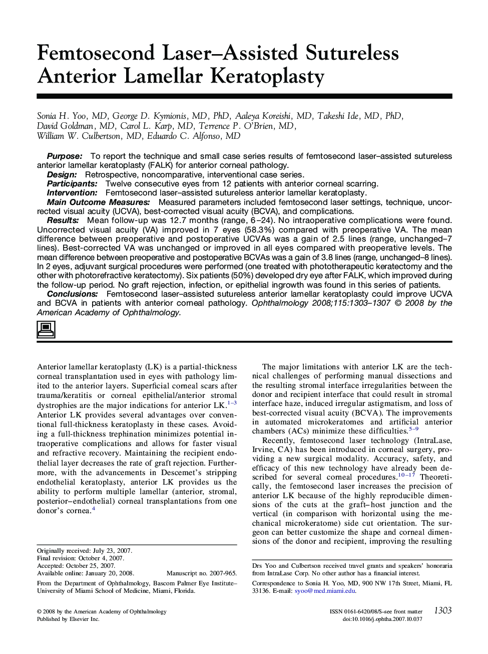 Femtosecond Laser-Assisted Sutureless Anterior Lamellar Keratoplasty